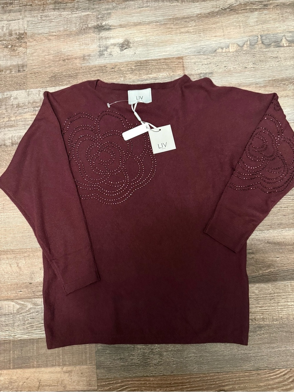 Milano Wine Crewneck Sweater with Rhinestone Floral Detail NWT